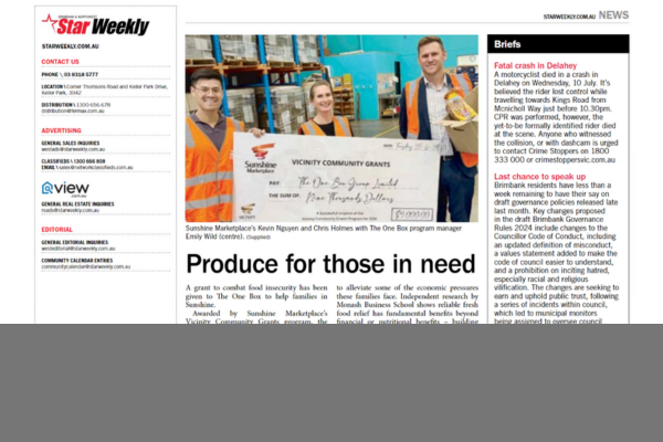 The One Box Chosen as a Vicinity Community Grants Recipient